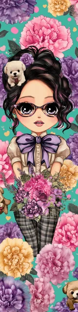 Free teacher bookmark featuring a teacher holding flowers with a purple ribbon